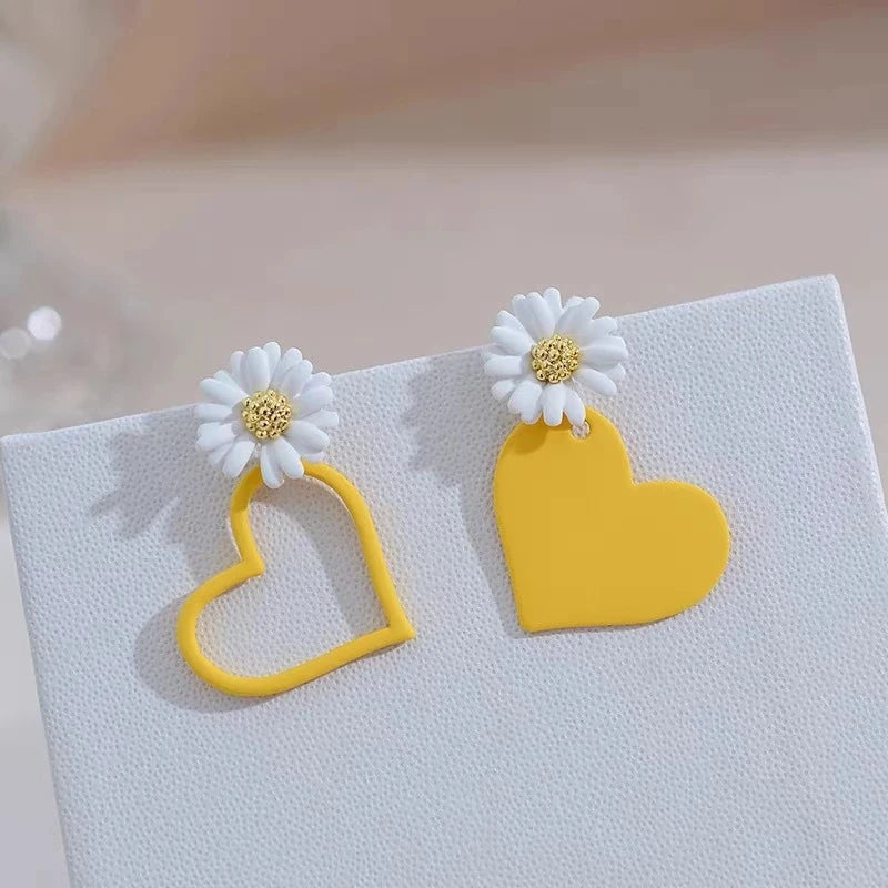 Daisy & Heart Mismatched Stud Earrings with Red, Yellow, Pink & Cream