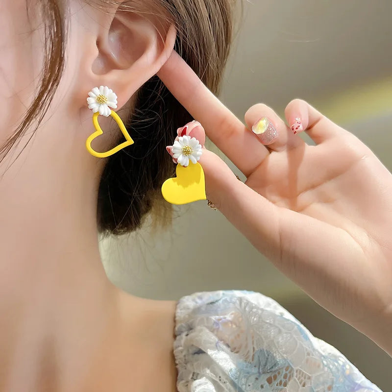 Daisy & Heart Mismatched Stud Earrings with Red, Yellow, Pink & Cream