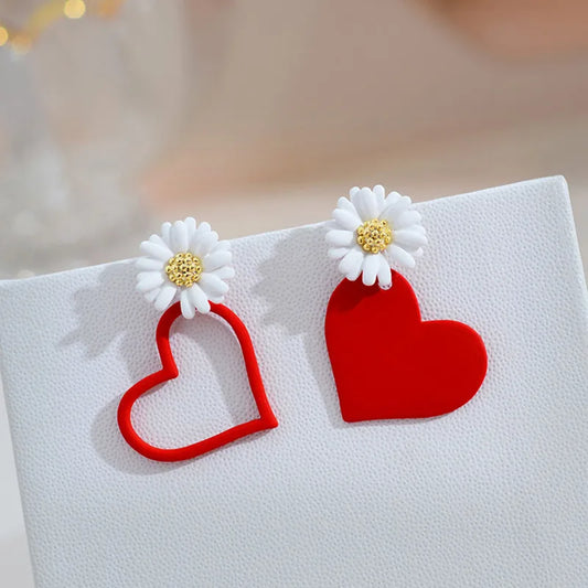 Daisy & Heart Mismatched Stud Earrings with Red, Yellow, Pink & Cream