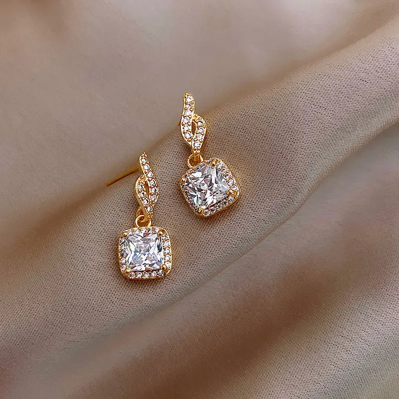 Cushion Halo CZ Drop Earrings — Gold-Tone