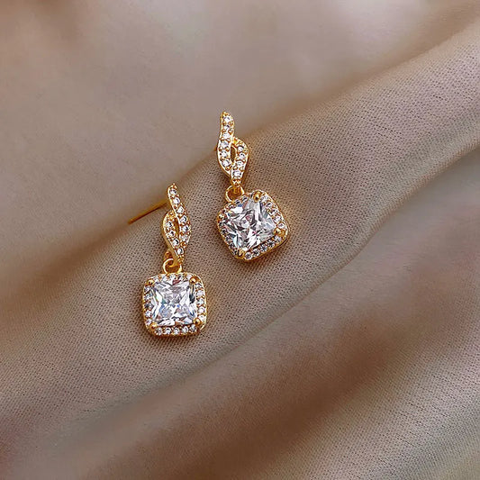 Cushion Halo CZ Drop Earrings — Gold-Tone