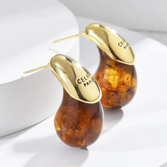 Water Drop Brown Resin Stud Earrings with Vintage Dome & Gold Plated Design