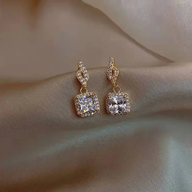 Cushion Halo CZ Drop Earrings — Gold-Tone