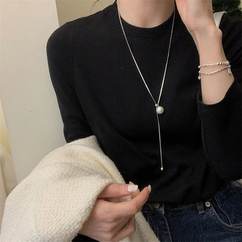 Long Tassel Lariat Necklaces with Pearl & Geometric Pendants